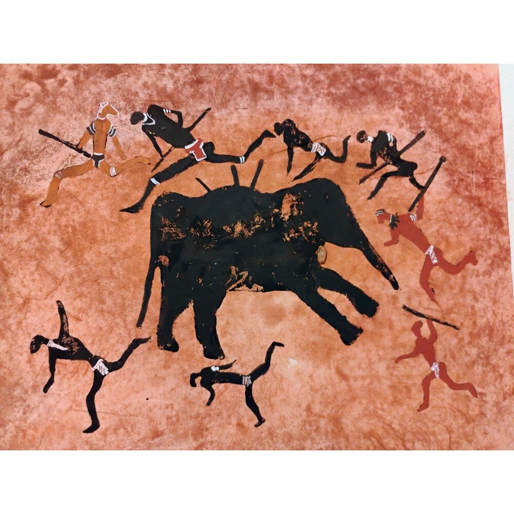 Vintage Sonja Hegardt Hand-Painted Linocut African San Bushman Rock Art Painting